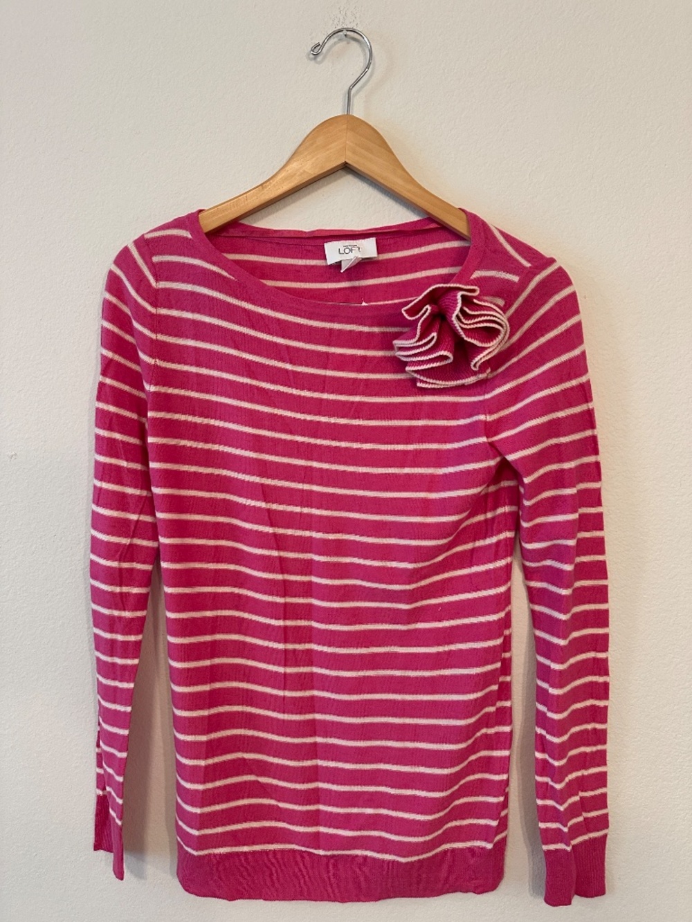 LOFT Pink White Striped Merino Wool Rosette Sweater Women's S NWT